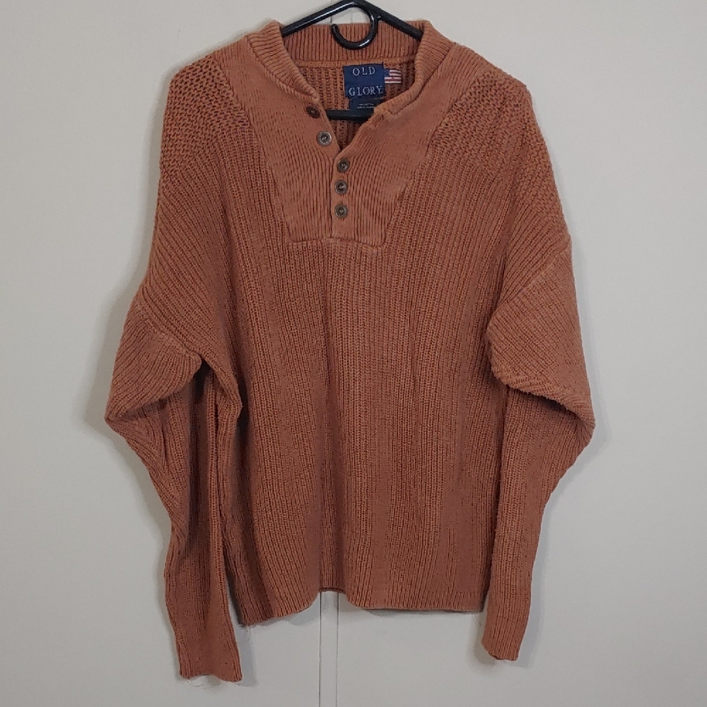VTG Old Glory Henley Sweater Heavyweight Knit Cotton Size L